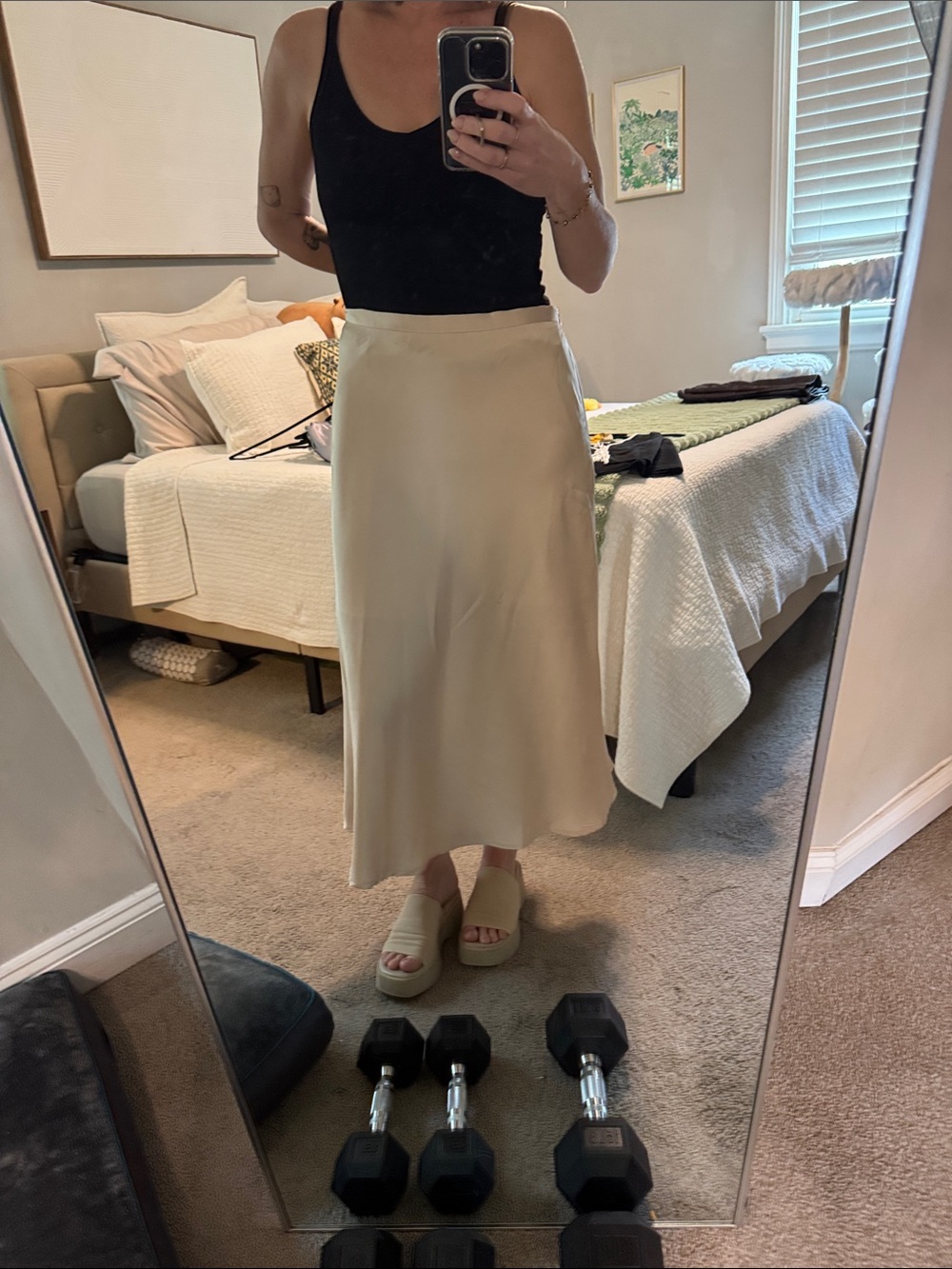 Commense Cream Satin Slip Midi Skirt
